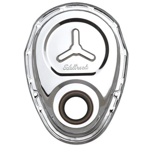Edelbrock Timing Cover SB-Chevy Chrome w/ Welded Reinforcement Plate - Main Product View