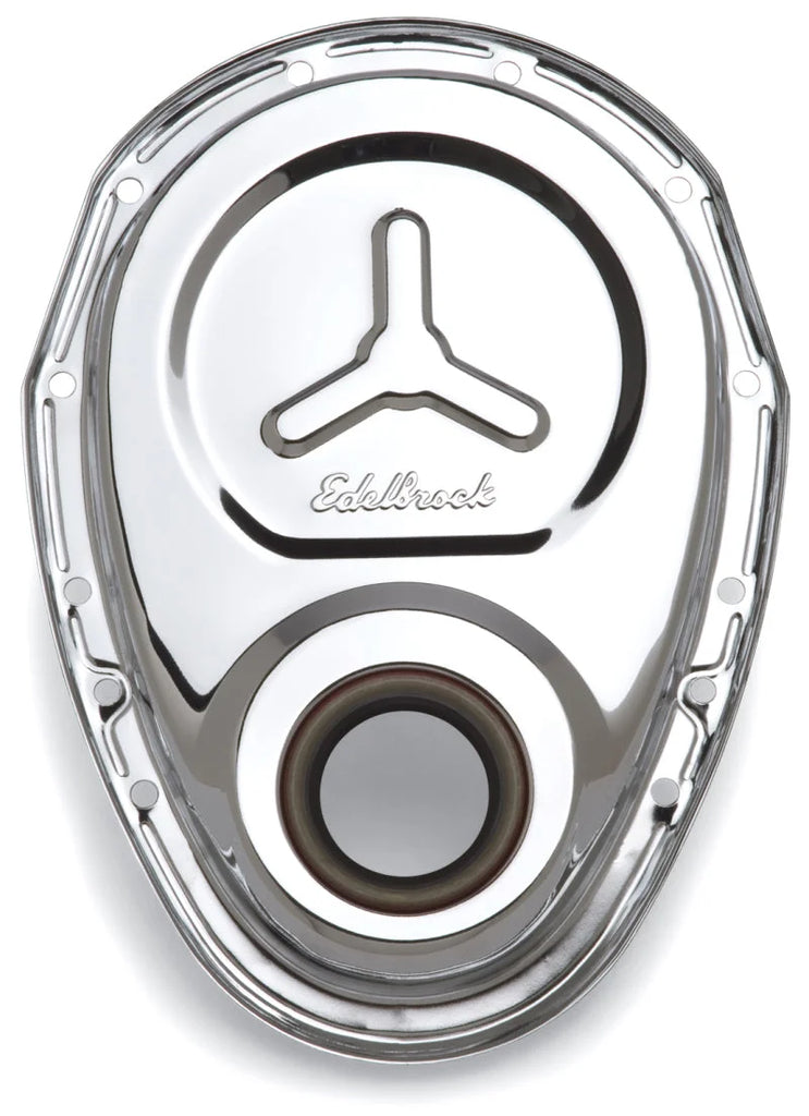 Edelbrock Timing Cover SB-Chevy Chrome w/ Welded Reinforcement Plate - Side View