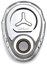 Load image into Gallery viewer, Edelbrock Timing Cover SB-Chevy Chrome w/ Welded Reinforcement Plate - Side View