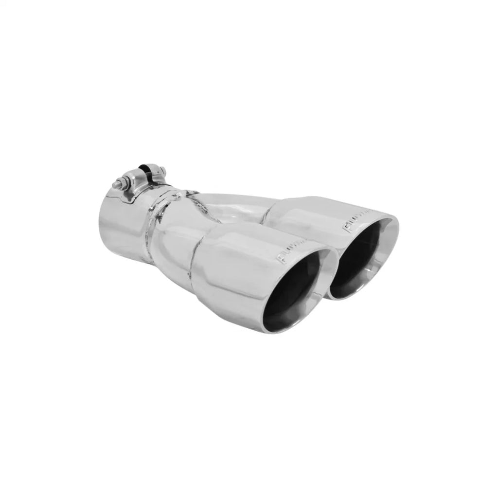 Flowmaster Exhaust Tip - 3.00 in Dual Angle Cut Polished SS Fits 2.50 in. - Right -Clamp on 15389 - Side View