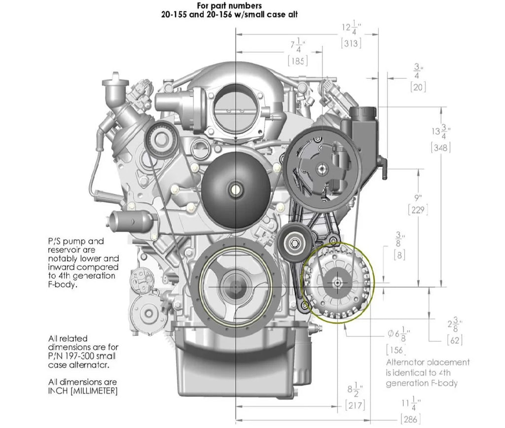 Holley Includes SD7 A/C Compressor, Alternator, P/S Pump, Tensioner, Belt, & Pulleys 20-162P - Side View