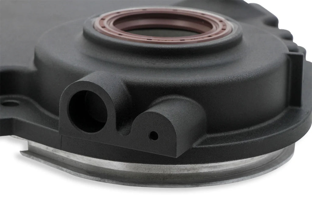 Holley Vortec/Small Block Chevy Cast Aluminum Timing Chain Cover - Black Finish 21-151 - Back View