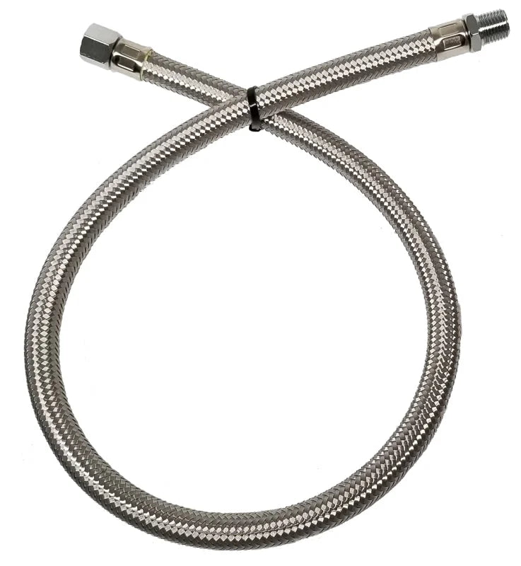 Kleinn 28In Stainless Steel Braided Leader Hose Extension - 1/4In F NPT Inlet/ 1/4In M NPT Outlet - Side View