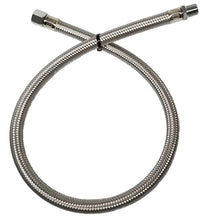 Load image into Gallery viewer, Kleinn 28In Stainless Steel Braided Leader Hose Extension - 1/4In F NPT Inlet/ 1/4In M NPT Outlet - Side View
