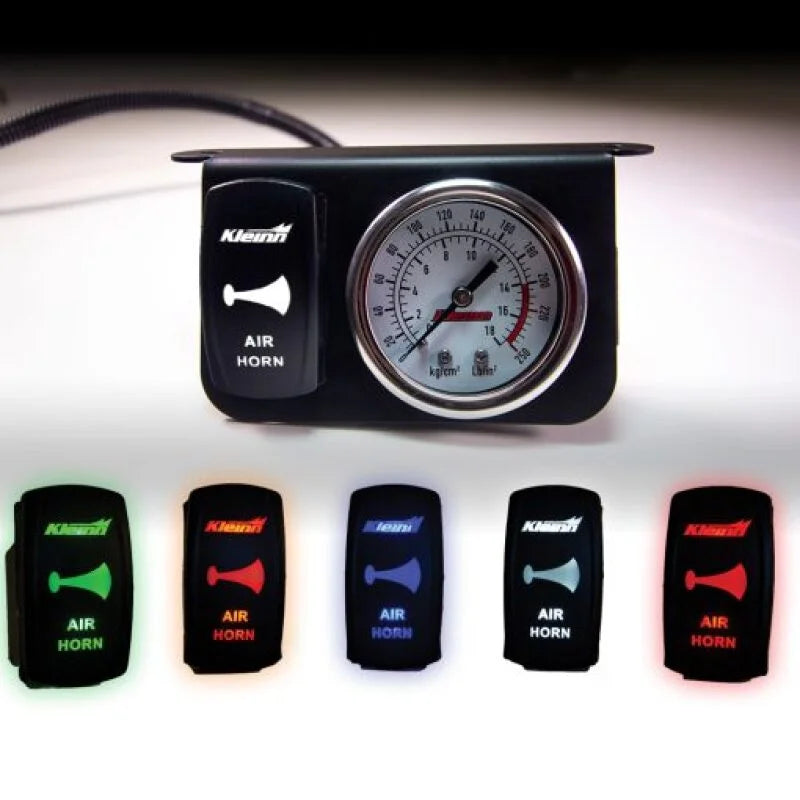 Kleinn Panel Mounted 160 PSI Gauge w/ an Illuminated GREEN Momentary Rocker Switch - Side View