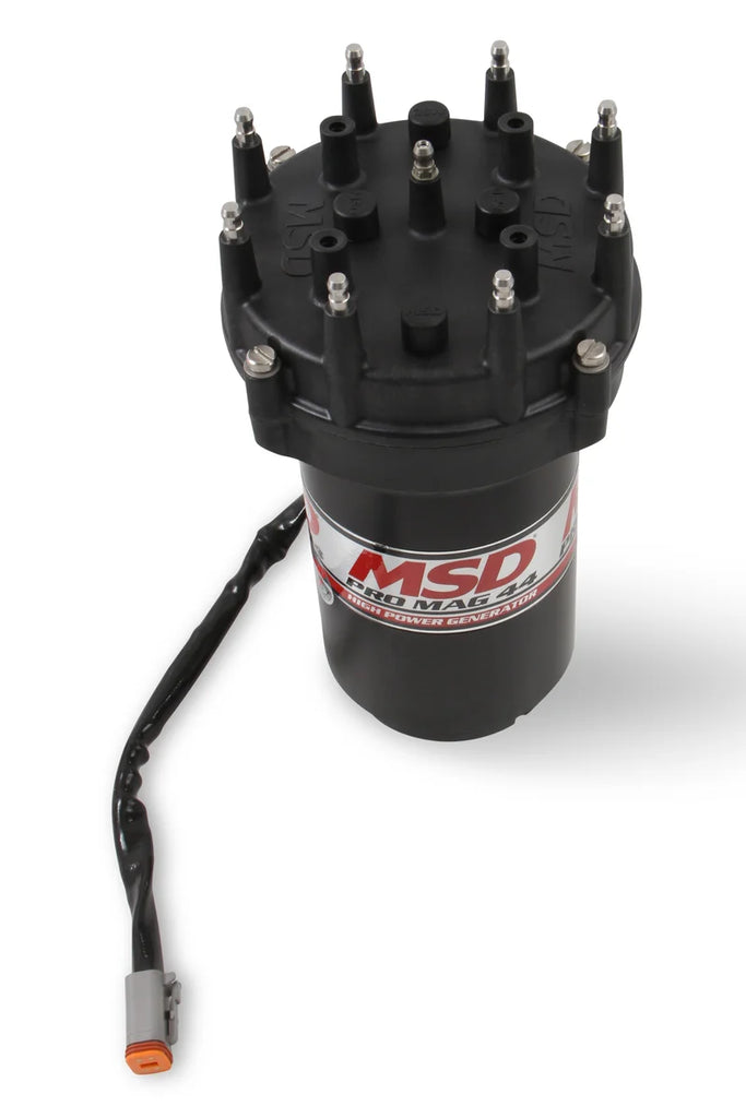 MSD Pro Mag 44 Amp Generator, CCW Rotation, Black, Pro Cap, Band Clamp 81407 - Side View