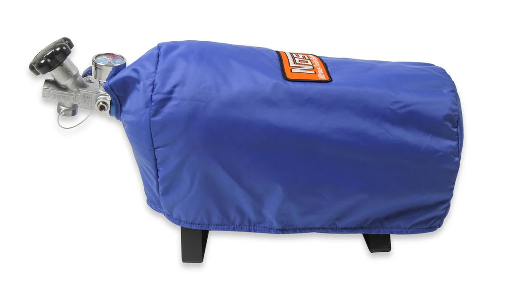 NOS/Nitrous Oxide System 7" diameter blue bottle blanket with velcro closure. For 10 lb nitrous bottles. 14165NOS - Side View