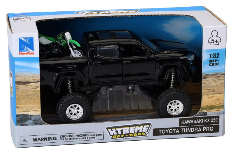 New Ray Toys Toyota Tundra Pro Lifted Truck Black with Kawasaki Dirt Bike 1:32 Scale - Side View
