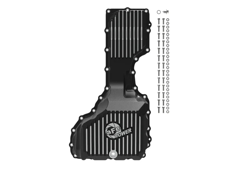 aFe 17-19 GM Diesel V8-6.6L L5P Engine Oil Pan w/ Machined Fins - Side View