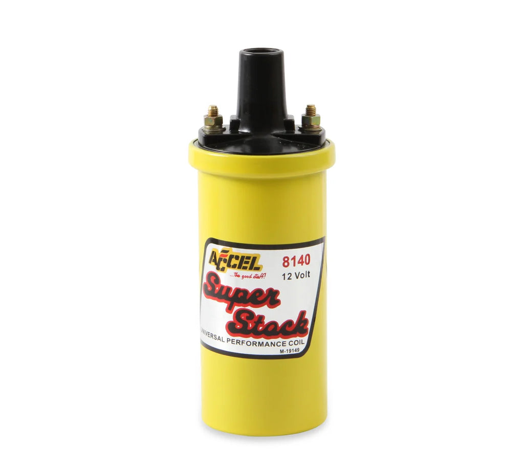 ACCEL 8140 Ignition Coil - Yellow - 42000v 1.4 Ohm Primary - Points - up to 6500 RPM - Side View