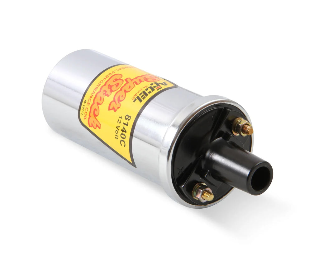 ACCEL 8140C Ignition Coil - Chrome - 42000v 1.4 Ohm Primary - Points - up to 6500 RPM - Back View
