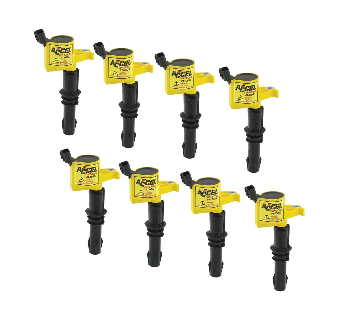 ACCEL Ignition Coil - SuperCoil- 2004-2008 Ford 4.6L/5.4L/6.8L 3-valve- Yellow- 8-Pack 140033-8 - Side View
