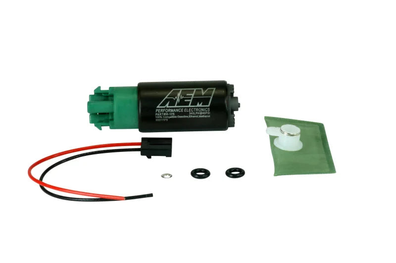 AEM 340LPH 65mm Fuel Pump Kit w/ Mounting Hooks - Ethanol Compatible - Side View