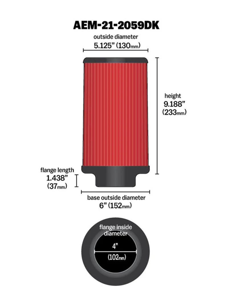 AEM 4 in x 9 in Dryflow Element Filter - Side View