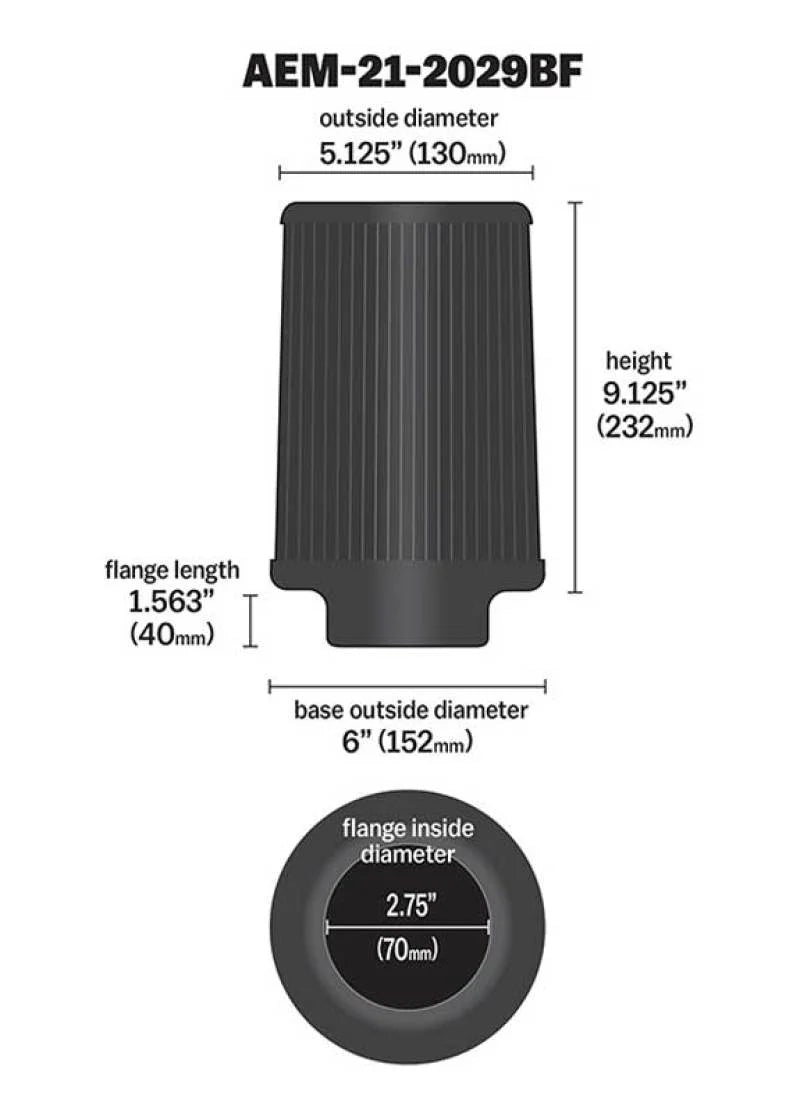 AEM Dryflow Conical Air Filter 2.75in Flange ID / 6in Base OD / 5.125in Top OD / 9.125in Height - Additional View 9