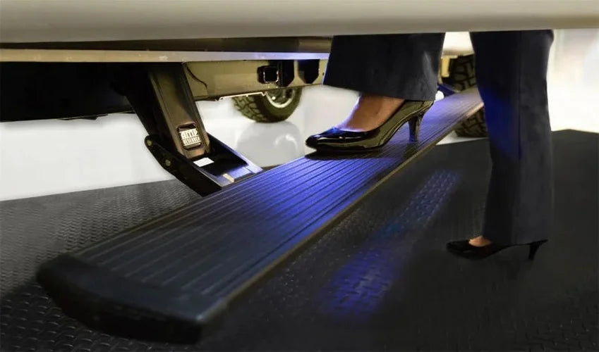 AMP Research 2020 Ford F150 /250/350/450 PowerStep Running Boards Plug N Play - Black - Back View