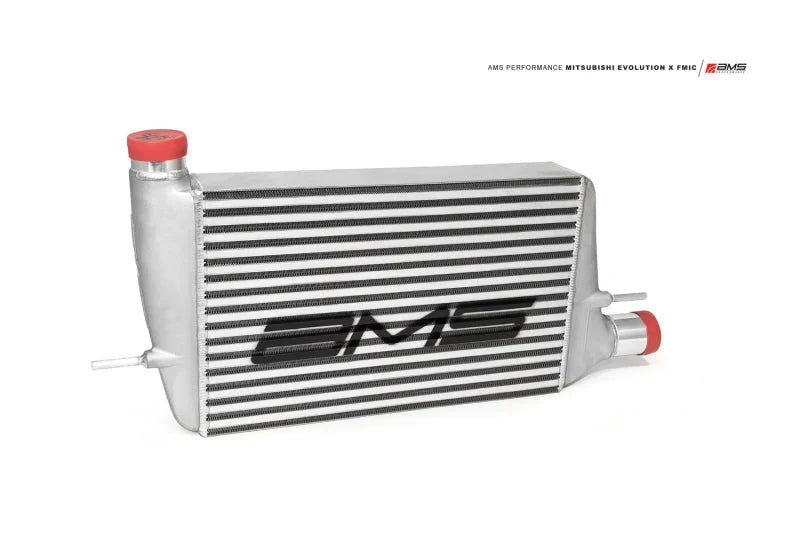 AMS Performance 08-15 Mitsubishi EVO X Front Mount Intercooler w/Modular Cast End Tanks & Logo - Side View