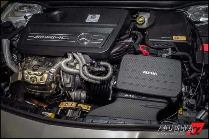 AMS Performance 14-18 Mercedes-Benz CLA 45 AMG 2.0T Alpha Cold Air intake w/Carbon Fiber Lid & Duct - Back View