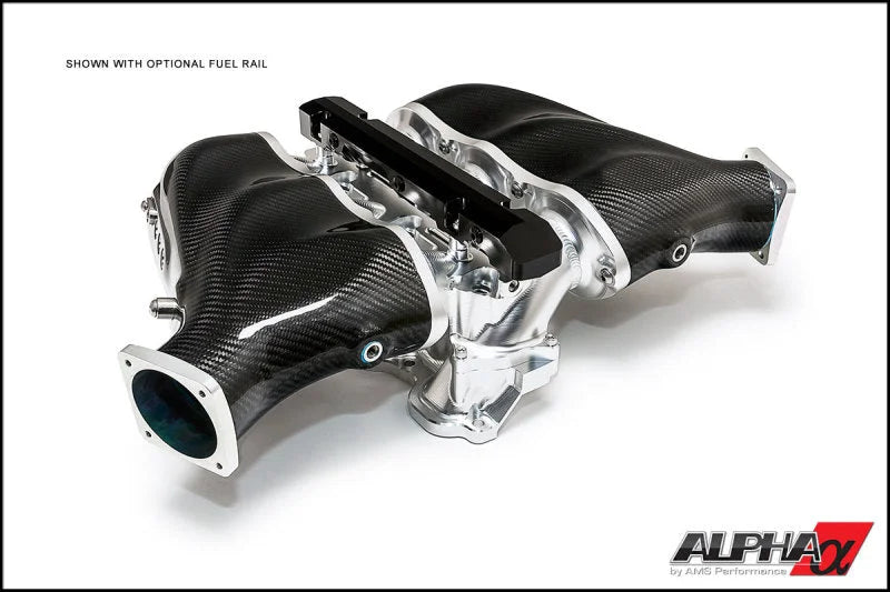 AMS Performance 2009+ Nissan GT-R Alpha Carbon Fiber/Billet Intake Manifold w/Std Fuel Rail - Clear - Side View