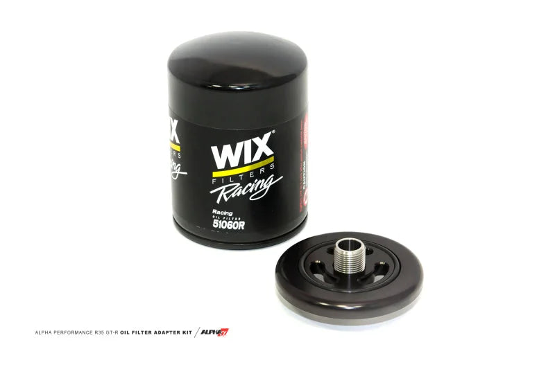 AMS Performance 2009+ Nissan GT-R R35 Alpha CNC Billet Oil Filter Adapter w/Race Filter - Side View