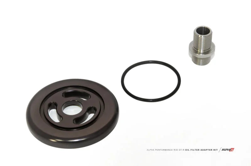 AMS Performance 2009+ Nissan GT-R R35 Alpha CNC Billet Oil Filter Adapter w/Street Filter - Side View