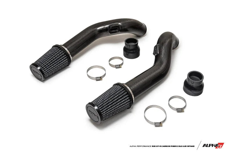 AMS Performance 2009+ Nissan GT-R R35 Alpha Carbon Fiber Intake Pipes for Stock Turbos - Side View