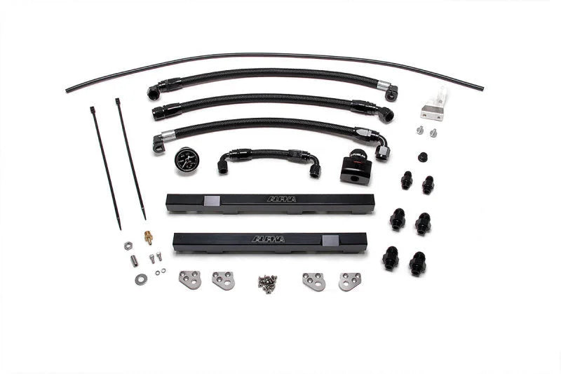 AMS Performance 2009+ Nissan GT-R R35 Alpha Fuel Rail Kit w/Regulator - Black - Side View