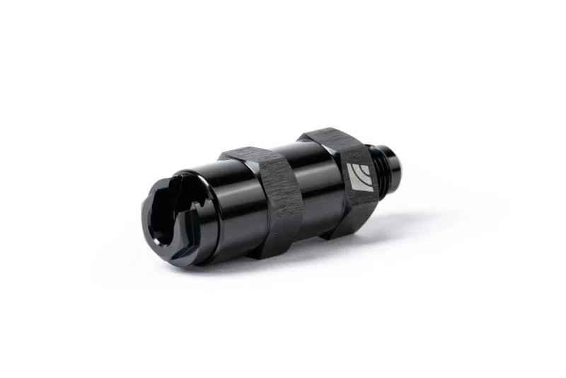 AMS Performance 5/16 Quick Connect to -6AN Inline Fuel Pulsation Damper w/ -6AN Fuel Line - Installation View