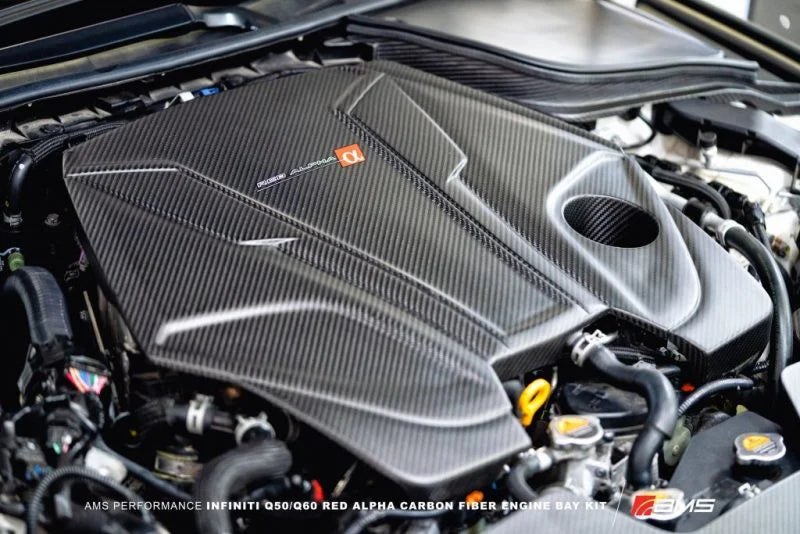 AMS Performance Infiniti 17+ Q60 / 16+ Q50 3.0TT Alpha Matte Carbon Engine Cover - Installation View