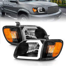 Load image into Gallery viewer, ANZO 00-04 Toyota Tundra (Fits Reg/Acc Cab Only) Crystal Headlights w/Light Bar Black w/Corner Light - Main Product View