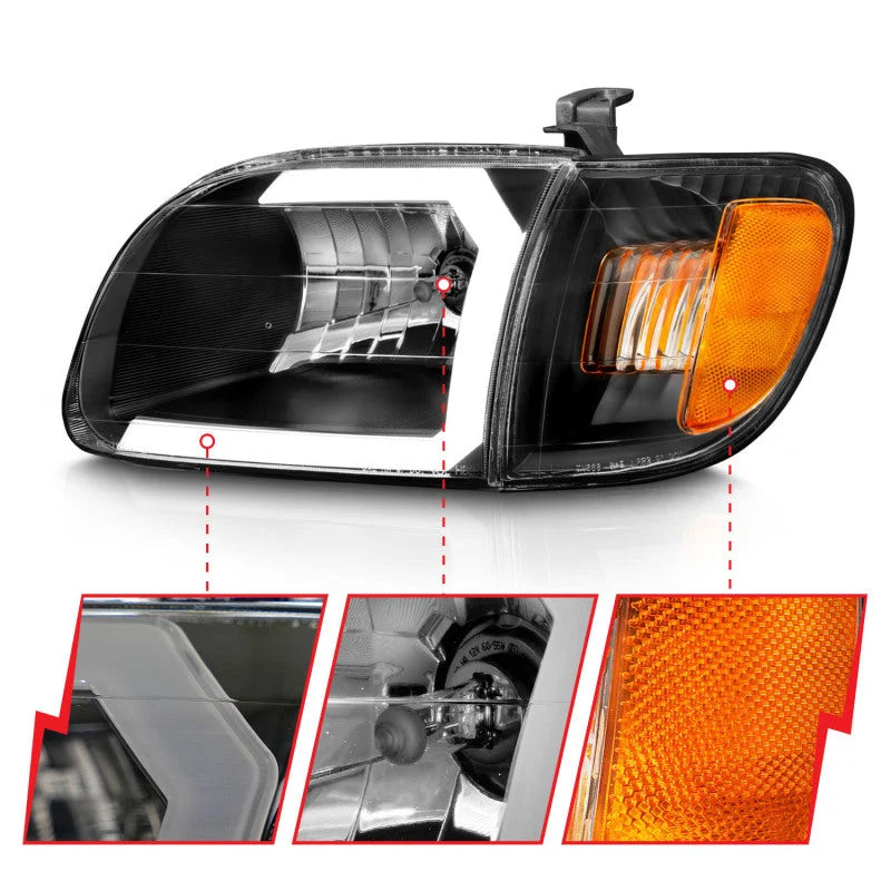 ANZO 00-04 Toyota Tundra (Fits Reg/Acc Cab Only) Crystal Headlights w/Light Bar Black w/Corner Light - Installation View