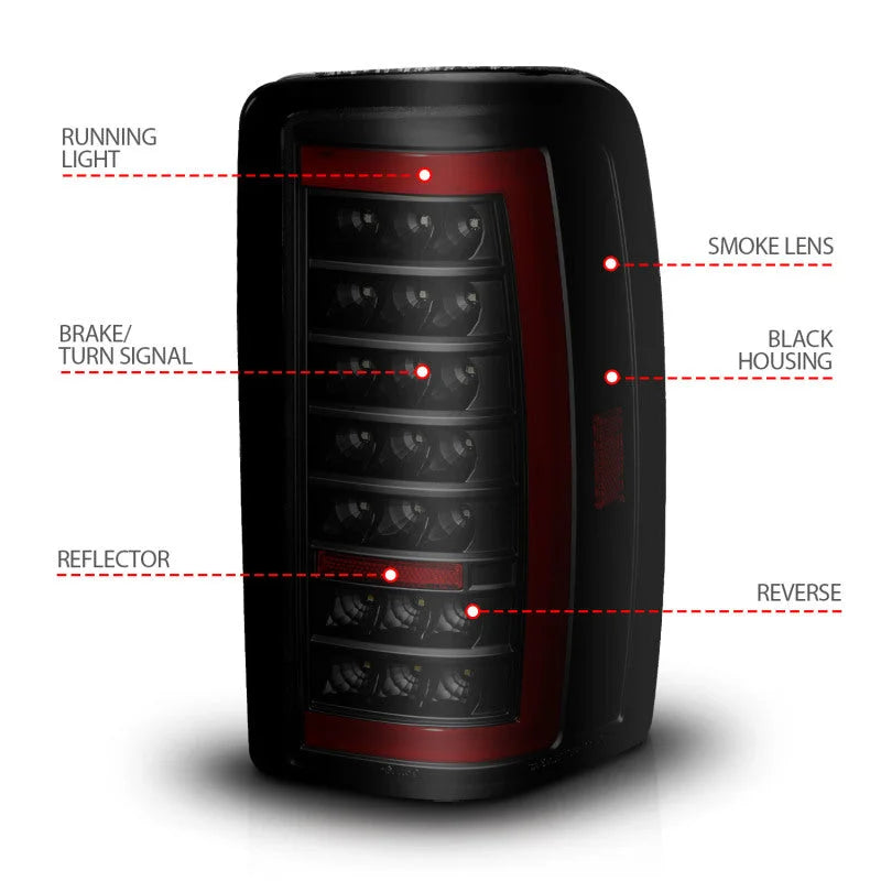 ANZO 00-06 Chevrolet Tahoe / GMC Yukon Full LED Taillights w/ Lightbar Black Housing/Smoke Lens - Additional View 6