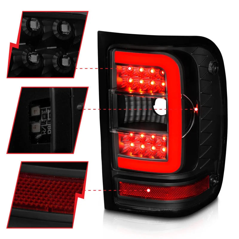 ANZO 01-11 Ford Ranger LED Taillights - Black Housing w/ Smoke Lens & Light Bar - Side View
