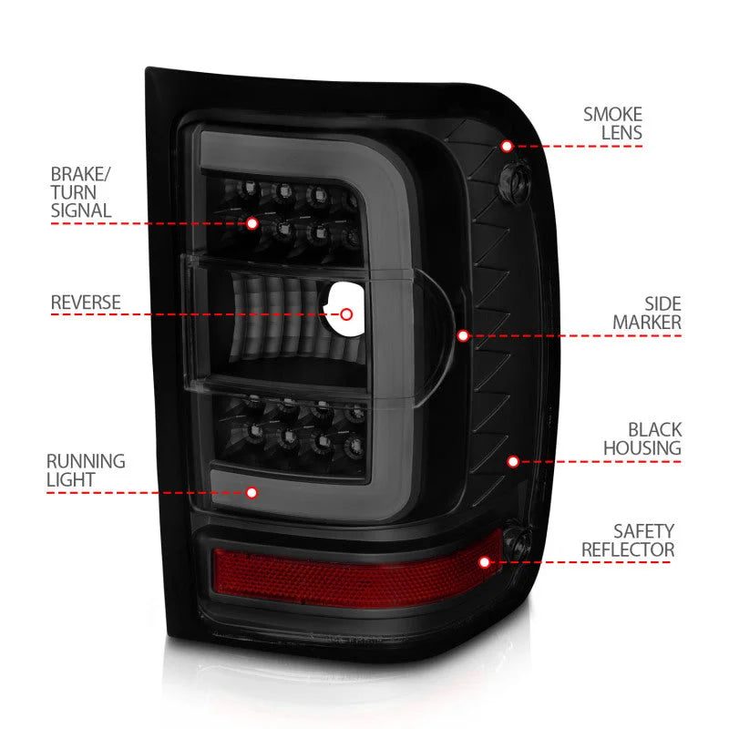 ANZO 01-11 Ford Ranger LED Taillights - Black Housing w/ Smoke Lens & Light Bar - Additional View 8