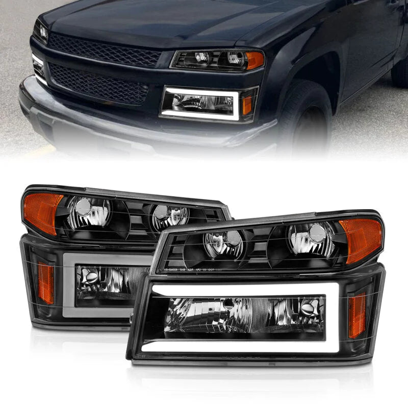 ANZO 04-12 GM Colorado/Canyon/I-Series Crystal Headlights - w/ Light Bar Black Housing 4pcs - Main Product View
