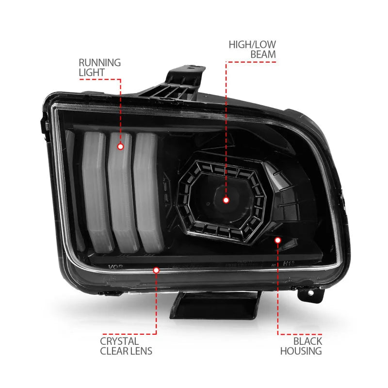 ANZO 05-09 Ford Mustang (w/Factory Halogen HL Only) Projector Headlights w/Light Bar Black Housing - Additional View 7