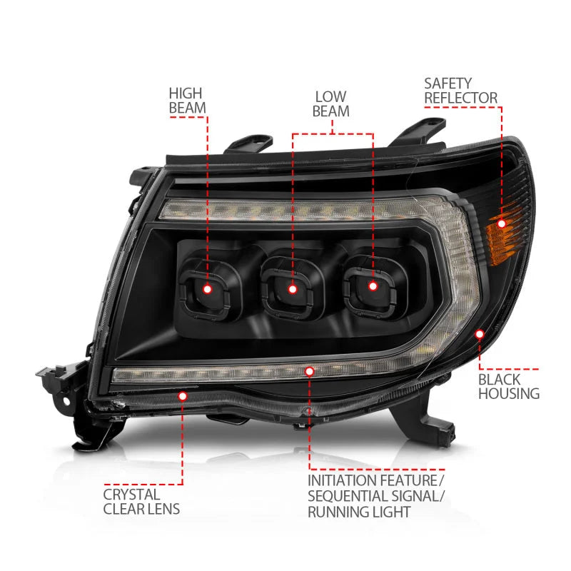 ANZO 05-11 Toyota Tacoma Full LED Proj Headlights White DRL/Init/SeqSig Black - Pair - Main Product View