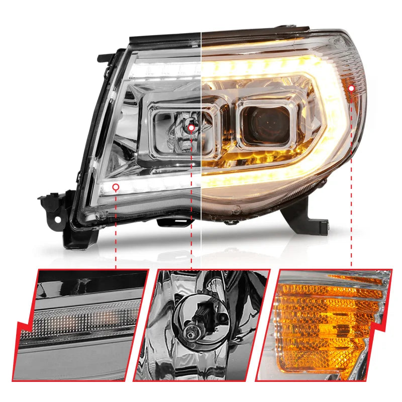 ANZO 05-11 Toyota Tacoma Projector Headlights w/Light Bar Switchback Chrome Housing - Side View