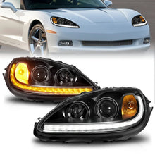 Load image into Gallery viewer, ANZO 05-13 Chevrolet Corvette Projector Headlights w/switchback &amp; Sequential LED - Black Amber - Main Product View