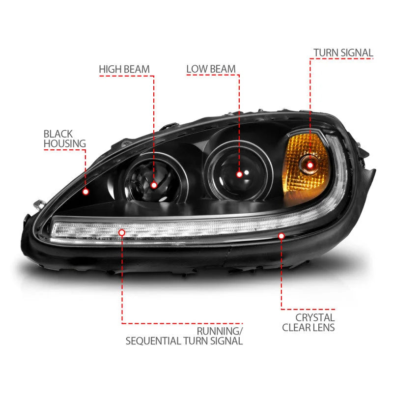 ANZO 05-13 Chevrolet Corvette Projector Headlights w/switchback & Sequential LED - Black Amber - Back View