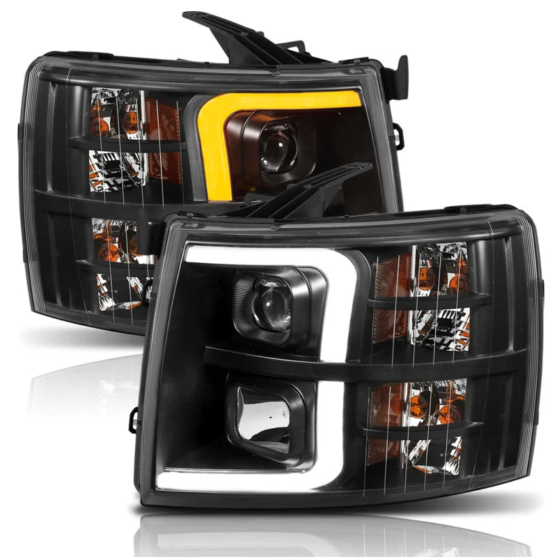 ANZO 07-13 Chevrolet Silverado 1500 Plank Style Projector Headlights Black w/ Amber - Main Product View