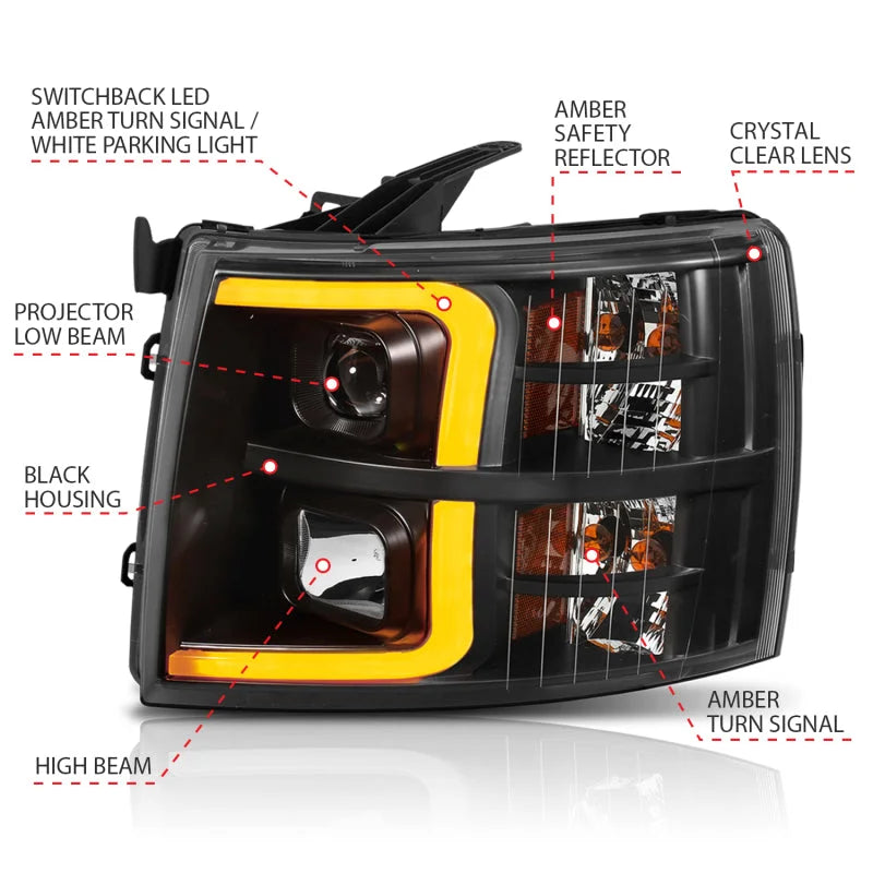 ANZO 07-13 Chevrolet Silverado 1500 Plank Style Projector Headlights Black w/ Amber - Side View