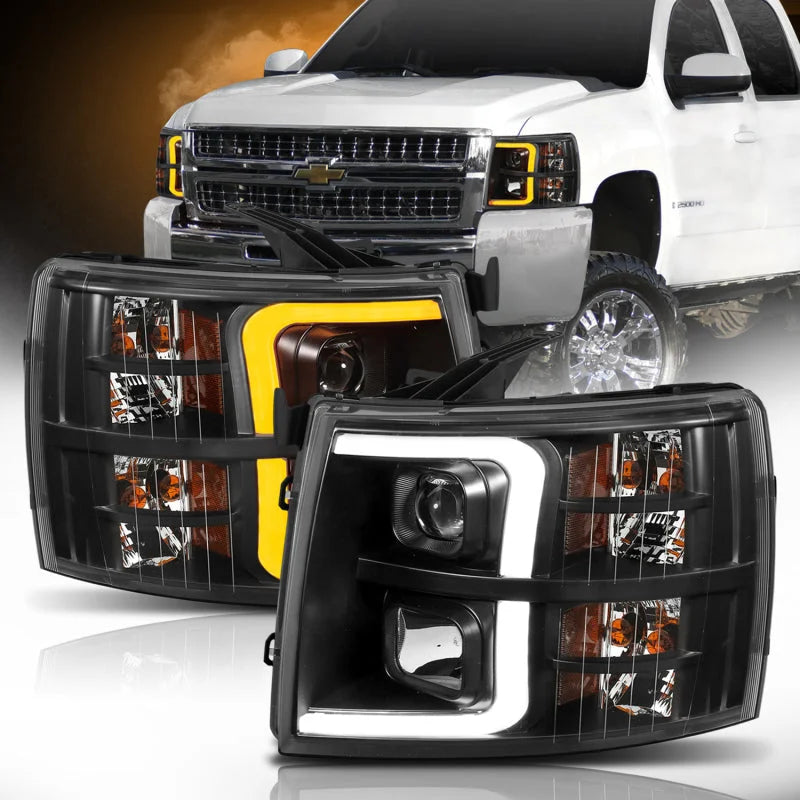 ANZO 07-13 Chevrolet Silverado 1500 Plank Style Projector Headlights Black w/ Amber - Back View