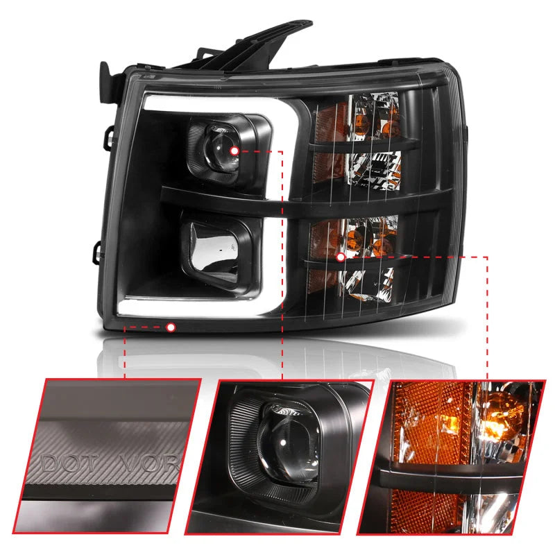 ANZO 07-13 Chevrolet Silverado 1500 Plank Style Projector Headlights Black w/ Amber - Additional View 6