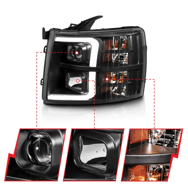 ANZO 07-13 Chevrolet Silverado 3500 Projector Headlights - Black Amber - Side View