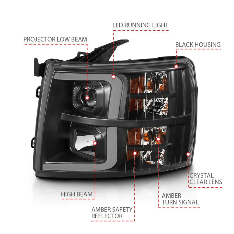 ANZO 07-13 Chevrolet Silverado 3500 Projector Headlights - Black Amber - Additional View 7