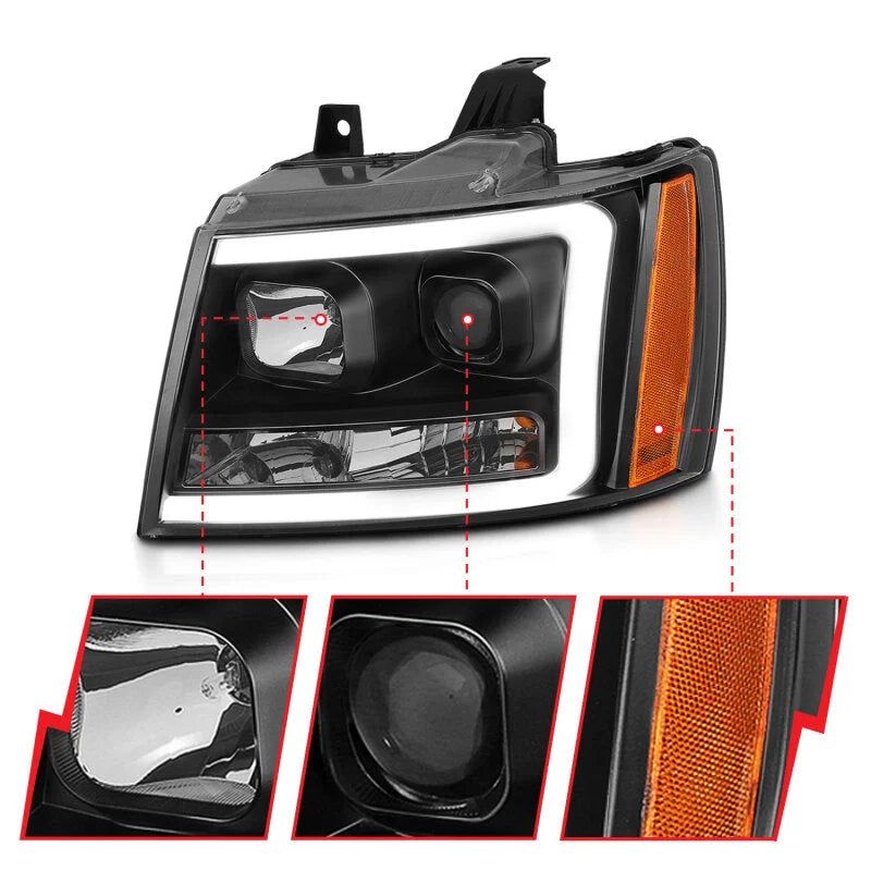 ANZO 07-14 Chevy Tahoe Projector Headlights w/ Plank Style Design Black w/ Amber - Side View