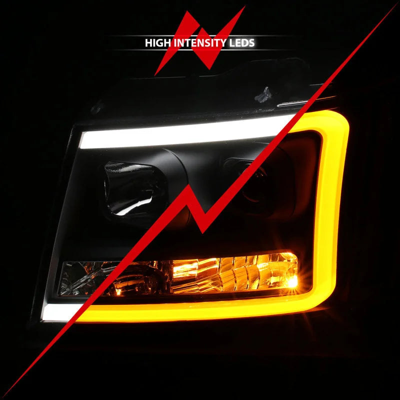 ANZO 07-14 Chevy Tahoe Projector Headlights w/ Plank Style Design Black w/ Amber - Installation View
