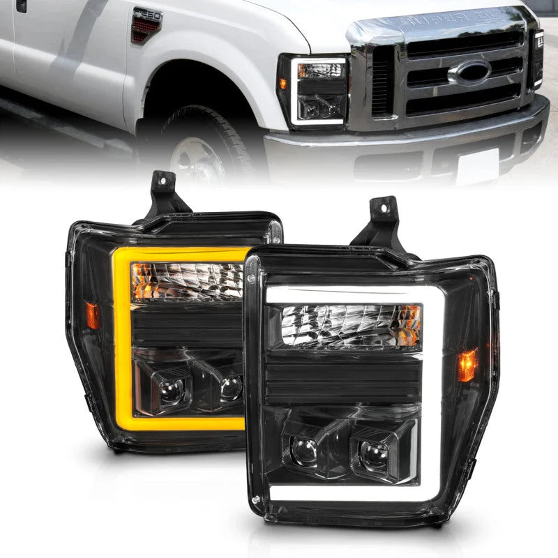 ANZO 08-10 Ford F-250 - F-550 Super Duty Projector Headlights w/ Light Bar Switchback Black Housing - Main Product View