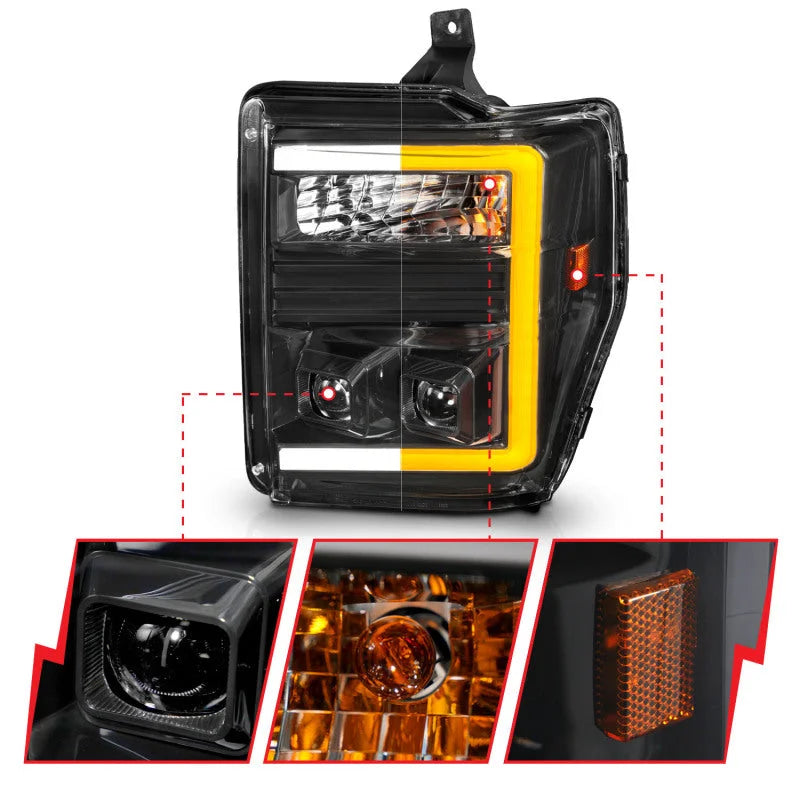 ANZO 08-10 Ford F-250 - F-550 Super Duty Projector Headlights w/ Light Bar Switchback Black Housing - Additional View 7